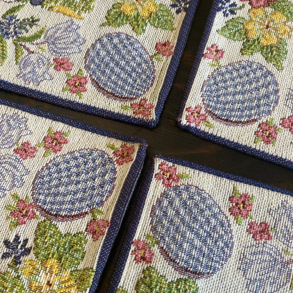 Set of 4 Easter Bunny Garden Woven Tapestry Placemats Spring Floral Blue